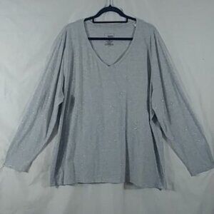Sonoma Top Women's Grey Long Sleeve Shiny Faux Crystals V-neck Tee Plus Size 3X